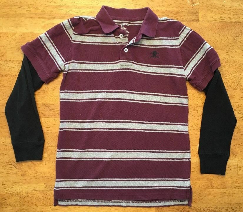 Gap Kids Boy's Maroon & Gray Striped Long Sleeve Polo Shirt - Size: Medium - $14.03