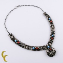 Signed H Sterling Silver Panel Necklace w/Turquoise &amp; Coral Stones - £245.31 GBP