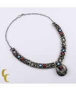 Signed H Sterling Silver Panel Necklace w/Turquoise &amp; Coral Stones - $454.95 CAD