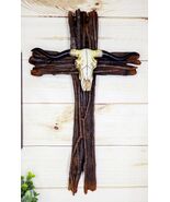 Rustic Faux Wood Logs Western Longhorn Bull Cow Skull Wall Cross Decor P... - $821.16 MXN