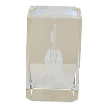 Laser Etched Glass Crystal  Paperweight Praying Hands Holding Holy Cross 3 1/4&quot; - £12.36 GBP