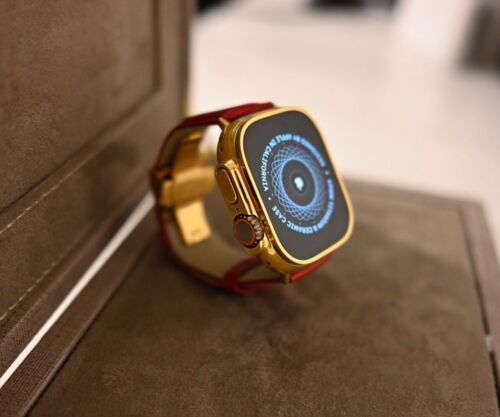24k Gold Plated Apple Watch ULTRA 2 49mm Red Leather Band 24k Gold Buckle Item image 5
