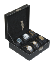 6 Watch Case Storage Display Box Black Faux Leather W/WHITE Stiching - £31.93 GBP