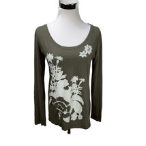 Lucy Dark Green Floral Pima Cotton Long Sleeve Knit Top T-Shirt Stretch Active - $15.50