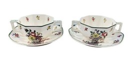 2 Royal Doulton Old Leeds Spray Double Handled Bouillon Bowls Cups &amp; Saucers - £27.41 GBP