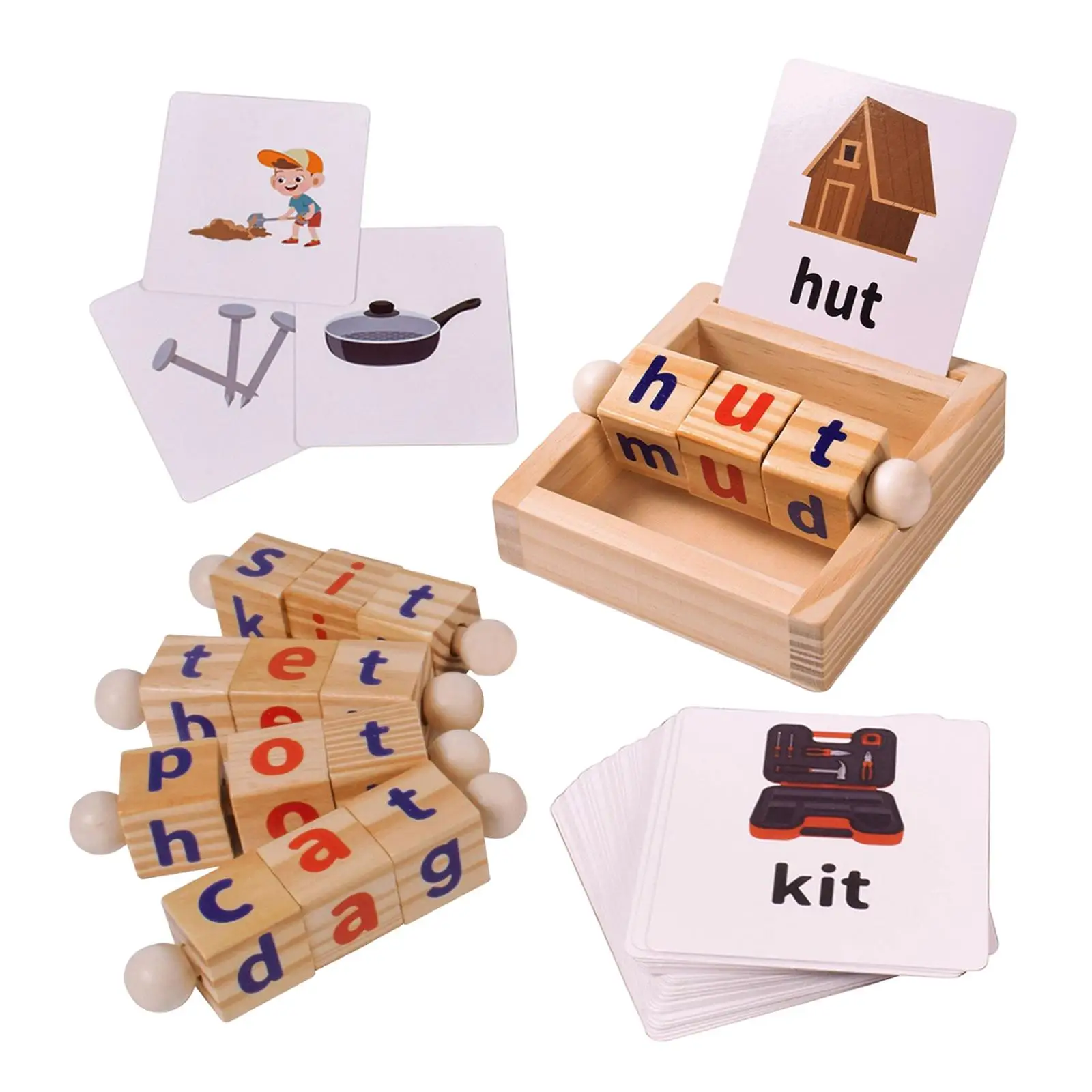 Wooden Reading Blocks Flash Cards Spelling Games Rotating Matching Letters Toy - £17.84 GBP