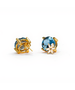 Silver Earrings 14K Gold Plated Blue Stone &amp; White Enamel Flower Hypoall... - $80.00