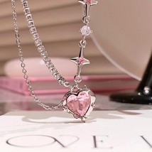 MENGJIQIAO 2022 Korean Sweet Pink Heart Crystal Pendant Necklace For Women Girls - £13.32 GBP