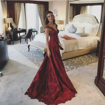 Modest Lace Cap Sleeves Long Burgundy Satin Prom Gowns - £163.78 GBP