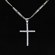 Iced Cz Cross Pendant Silver Plated 20&quot; Figaro Chain Men&#39;s Necklace Hip Hop - £8.88 GBP