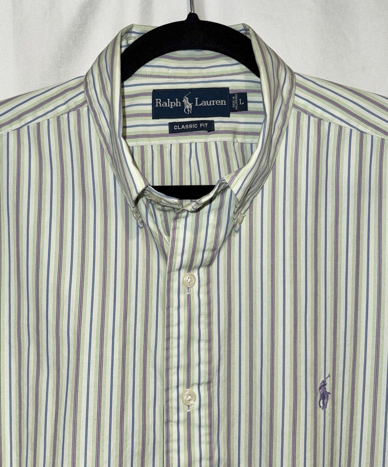 Ralph Lauren Polo Shirt mens L long sleeve button down Green Striped Pur... - £16.31 GBP
