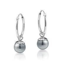 Hovering Moon Orbits Gray Faux Pearl .925 Sterling Silver Hoop Earrings - £8.22 GBP