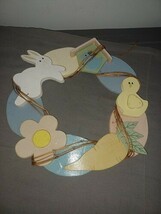 12” EASTER Wreath Spring Wooden Rabbit Flowers Duck Carrot Door Decor - $12.99