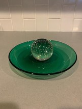 Vintage Erickson Art Glass 10&quot; Emerald Green Bowl Clear Ball Center MCM ... - $125.68