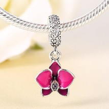 925 Sterling Silver Orchid Flower Dangle Charm with Purple Enamel and CZ - £12.56 GBP