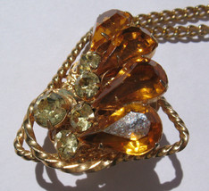 Vintage Rhinestone Pendant Necklace Double Sided Amber Color Clear Rhinestones - £20.55 GBP