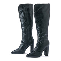 Winter Knee High Boots Women Black Square Heels Sexy Fashion Print Leather Point - £61.78 GBP