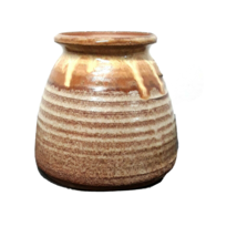 Studio Pottery Vase Handmade Ribbed Brown Natural Color 4 1/4&quot;Artisan Signed - £17.97 GBP