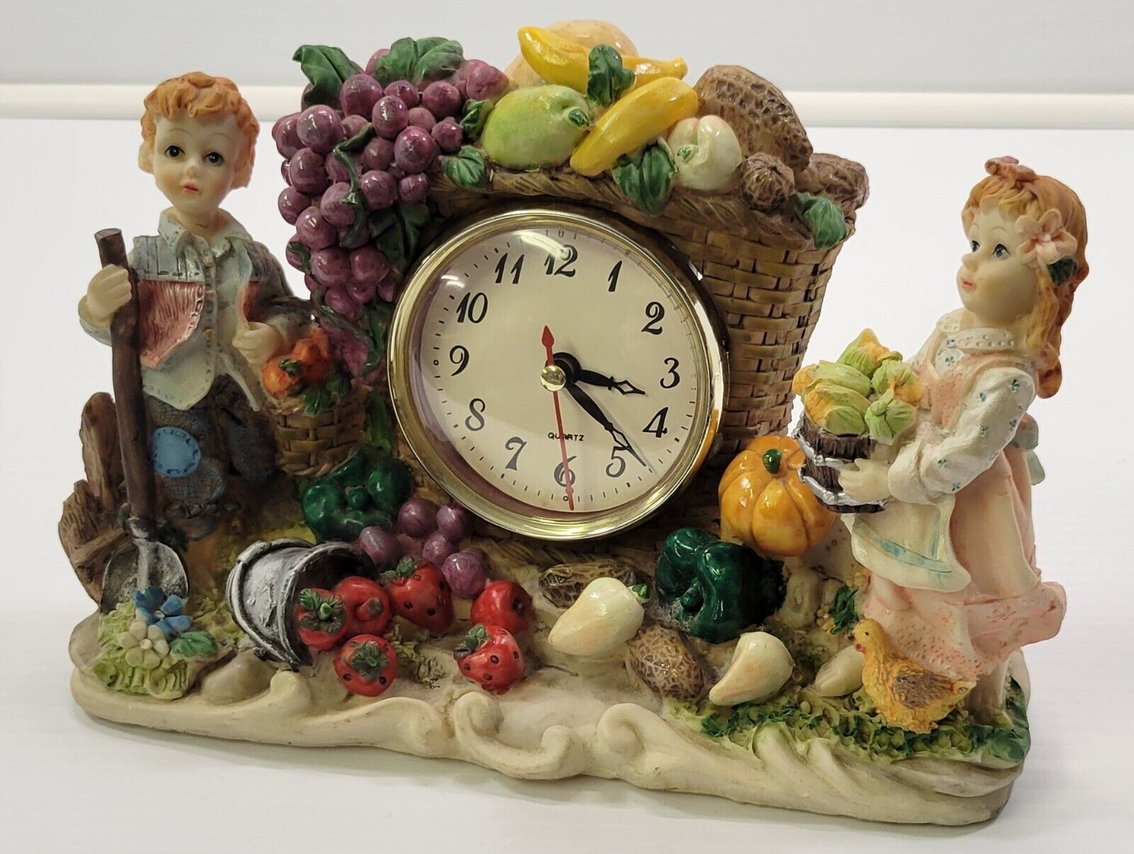 AP) Tabletop Mantel Country Boy Girl Fruit Clock Battery Analog Shelf Clock - $7.91