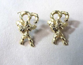 Candy Cane Earrings Faux Gold Non Magnetic Metal Stud 1 &quot; x .5&quot; butterfly close - £6.85 GBP