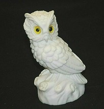 White Horned Owl w Yellow Eyes Marble Dust Art Figurine Shadow Box Shelf... - $34.64