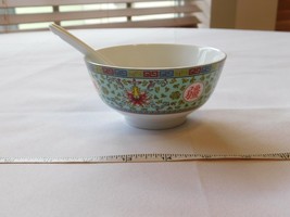 Chinese Soup Rice Bowl &amp; Spoon Set 2 Piece Set white aqua multi colored Preowned - £16.23 GBP