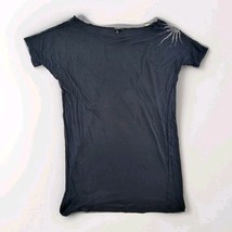Express Womens Sz M Black Modal Top Short Sleeve Rhinestone Shoulder Sheer - $23.63 CAD