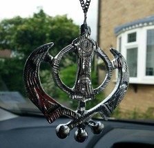 Wide silver aluminium khanda punjabi sikh pendant car rear mirror hanging chain - £28.32 GBP