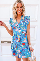 Sky Blue Floral Flutter Sleeve V Neck Ruffled Dress - $14.58