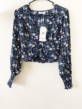 NWT M Grote Women&#39;s Long Sleeve Floral Front Button V Neck Crop Top, Nav... - £7.66 GBP