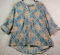 Notations Blouse Top Womens Medium Teal Multi Geo Print Long Sleeve Button Front - £11.27 GBP