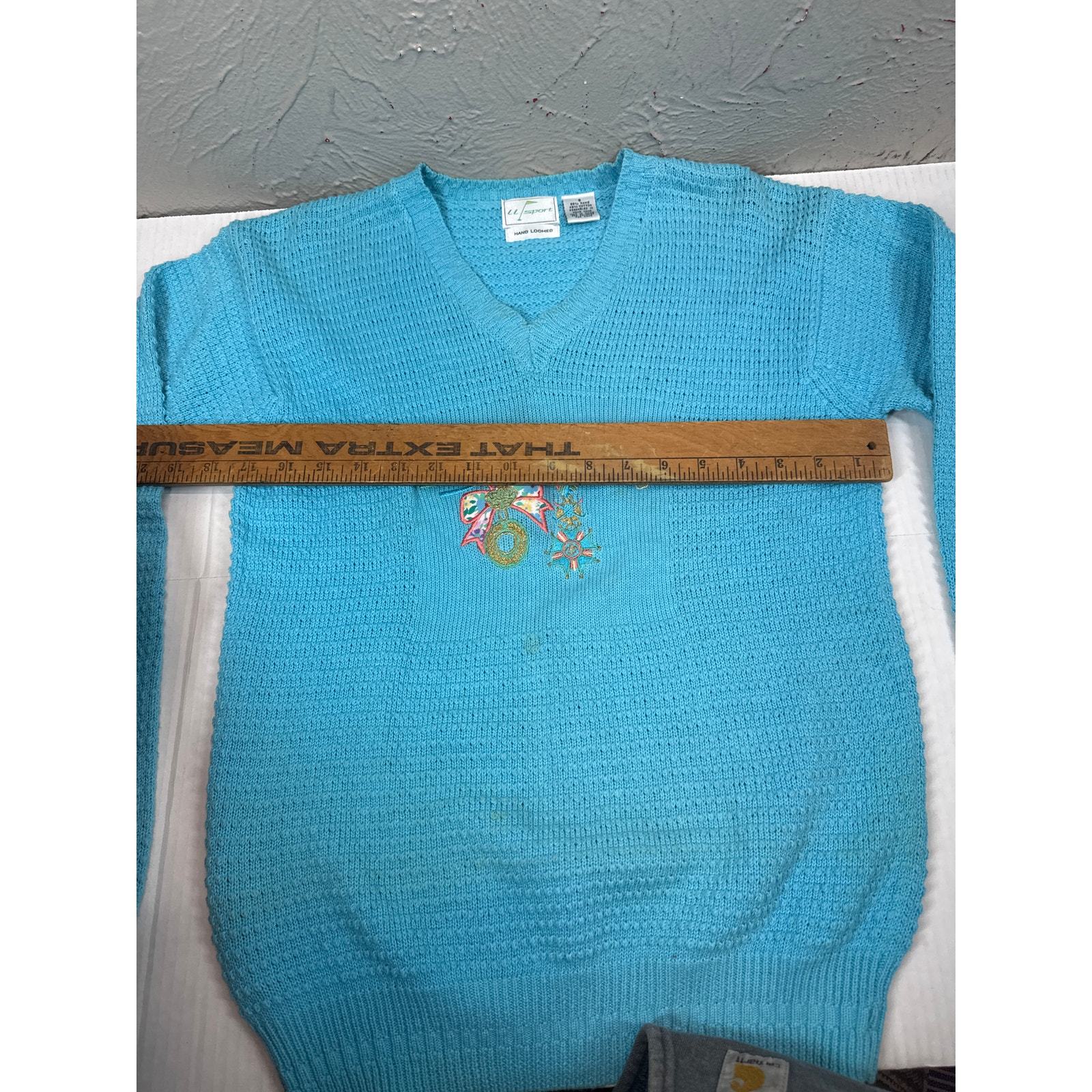 Vintage LL Sport Blue Turquoise Jumper Floral Embroidery Hand Loomed Size Small Item image 5