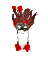 Red &amp; Black Feathered Mardi Gras Mask With Feather Tassels Elegant - $12.49