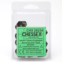 Chessex Manufacturing d10 Clamshell Gemini Green and Purple with Gold (10) - $16.44