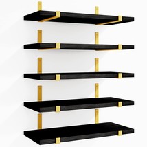 Floating Black Gold Shelves Set Of 5, Width 4.7 Inches Wall Shelves, Rustic Wood - £43.15 GBP