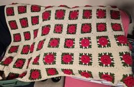 Vintage Handmade Granny Square Blanket 3D Red Roses Crochet Throw Afghan... - $48.38
