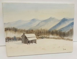 Winter Cabin Landscape Scene Signed YORK Oil on Canvas 9&quot;x12&quot; Mountains - £74.20 GBP