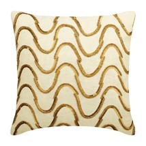 Designer 16&quot;x16&quot; Beaded Waves Sequins Beige Linen Pillow Covers, Waving Gold - £24.88 GBP+