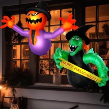 2 Pcs 4 Ft Halloween Inflatable Scary Witch Pumpkin Broke Out from Window Pumpki - £53.74 GBP