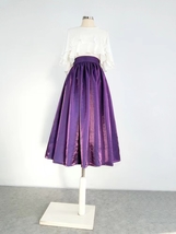 Purple A-line Satin Midi Skirt with Pockets Women Plus Size Pleated Midi Skirt image 2
