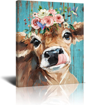 Cute Cow Picture Country Farmhouse Wall Art Bathroom Decor Rustic Cow Canvas Pri - $38.12