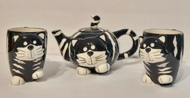 Burton &amp; Burton Chester The Cat Teapot  Two Mugs Black  White Ceramic Stripes - £40.17 GBP