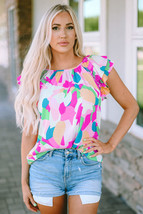 Multicolor Abstract Pattern Ruffle Short Sleeves Blouse - £16.54 GBP