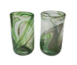 2 Murano Style Hand Blown Art Glass Tumblers Green Gold Swirls - Signed - £38.74 GBP