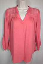 Signature Studio Coral Crochet Shoulder Knit Top Size Small 3/4 Sleeve - £7.85 GBP