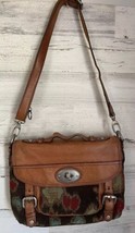 Fossil 1954 Maddox Brown Leather Twist Lock Tapestry Crossbody Bag Satch... - $56.99