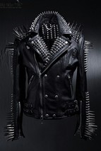 Handmade Customized Mens Punk Rock Black Full Silver Long Spiked Studded Cropped - £207.97 GBP