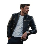 Leather Jacket Biker Mens Sheep Skin Motorcycle Men Coat Vintage Racer B... - $139.00