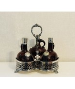 Antique Silverplate Cranberry Glass &amp; Triple Liquor Decanter Caddy - £246.00 GBP