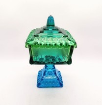 Jeanette Glass Art Deco Lidded Pedestal Wedding Candy Dish Vtg Green Blue READ - £11.94 GBP